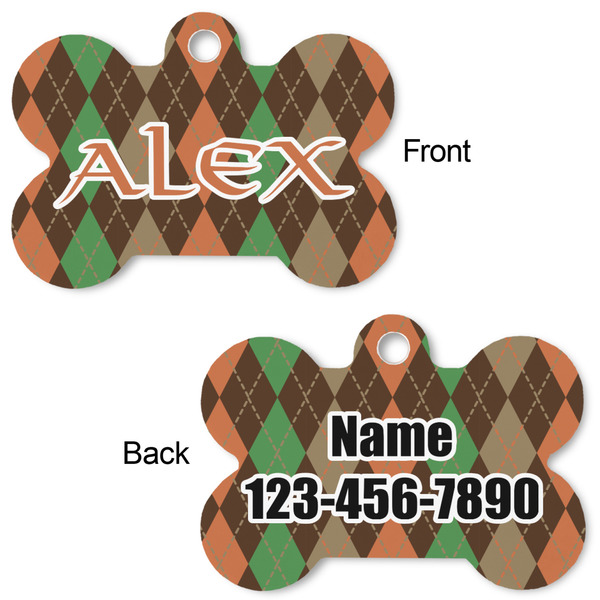Brown Argyle Bone Shaped Dog Tag - Front & Back