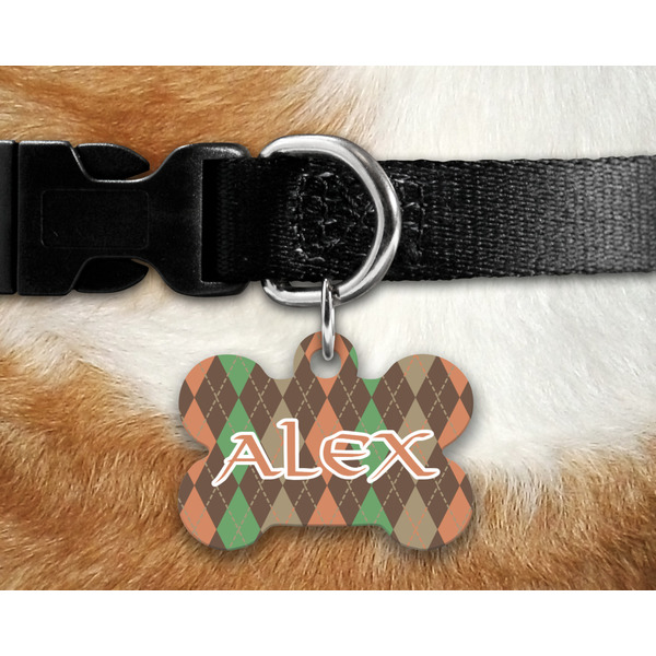 Brown Argyle Bone Shaped Dog Tag on Collar & Dog