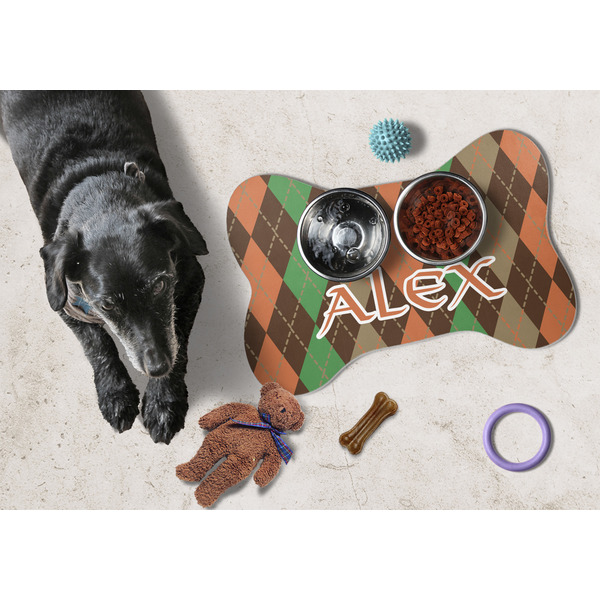 Brown Argyle Bone Shaped Mat w/ Food & Water