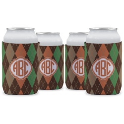 Brown Argyle Can Cooler (12 oz) - Set of 4 w/ Monogram