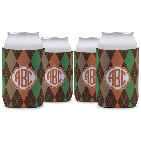 Custom Brown Argyle Can Cooler (12 oz) - Set of 4 w/ Monogram