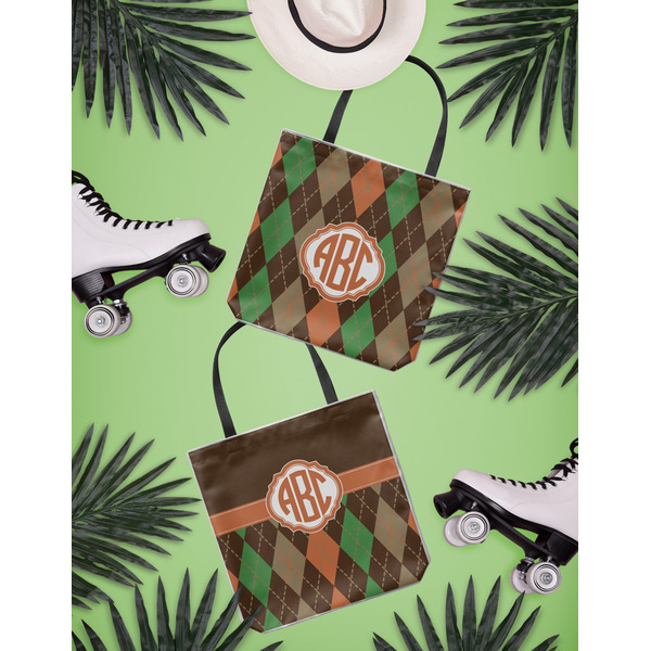 Brown Argyle Canvas Tote Lifestyle Front and Back- 13x13