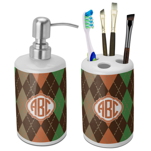 Custom Brown Argyle Ceramic Bathroom Accessories Set (Personalized)