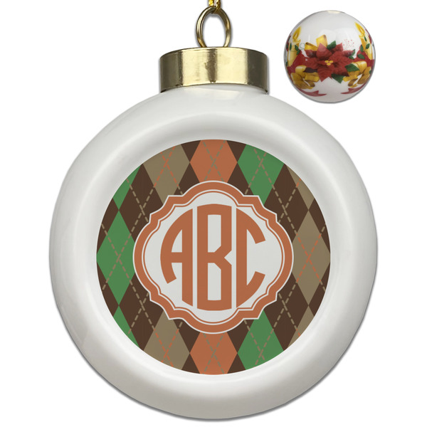 Custom Brown Argyle Ceramic Ball Ornaments - Poinsettia Garland (Personalized)