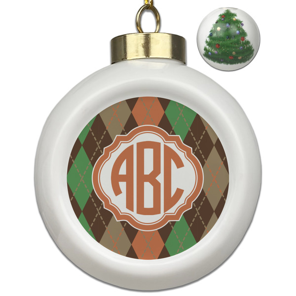 Custom Brown Argyle Ceramic Ball Ornament - Christmas Tree (Personalized)