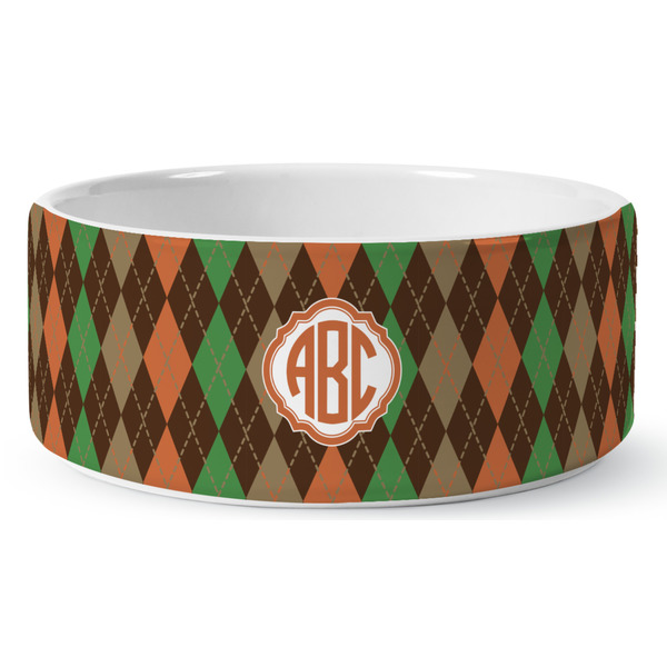 Custom Brown Argyle Ceramic Dog Bowl - Large (Personalized)