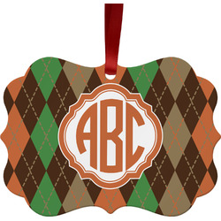Brown Argyle Metal Frame Ornament - Double Sided w/ Monogram