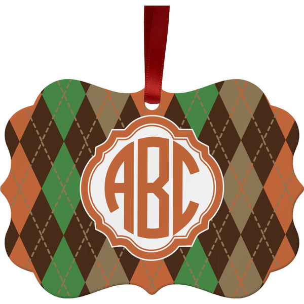 Custom Brown Argyle Metal Frame Ornament - Double Sided w/ Monogram