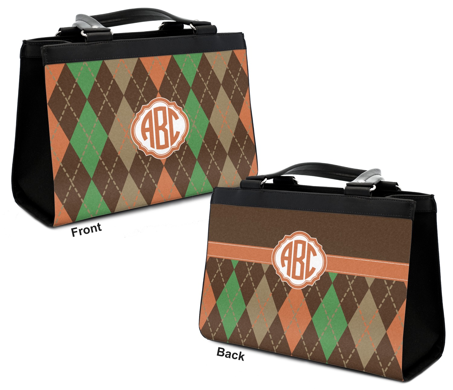 Personalized Front & Back Brown Argyle Classic Tote Purse w/Leather Trim