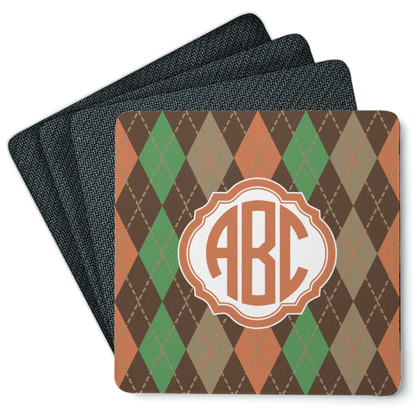 Custom Brown Argyle Square Rubber Backed Coasters - Set of 4 (Personalized)