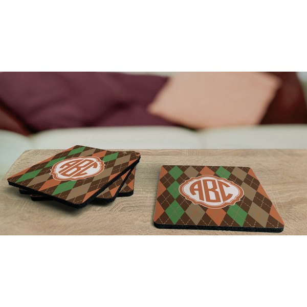 Brown Argyle Coaster Rubber Back - On Coffee Table