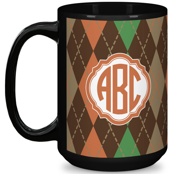 Custom Brown Argyle 15 Oz Coffee Mug - Black (Personalized)