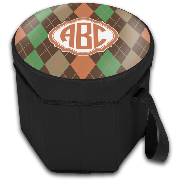 Brown Argyle Collapsible Personalized Cooler & Seat (Closed)