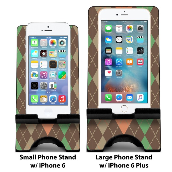 Brown Argyle Compare Phone Stand Sizes - with iPhones