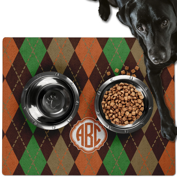 Custom Brown Argyle Dog Food Mat - Large w/ Monogram