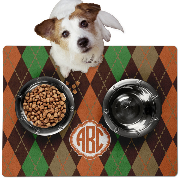 Custom Brown Argyle Dog Food Mat - Medium w/ Monogram