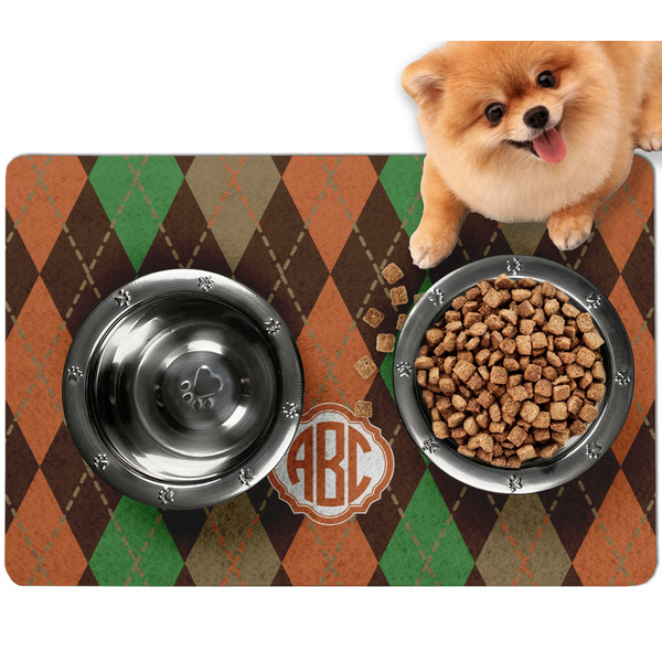 Custom Brown Argyle Dog Food Mat - Small w/ Monogram
