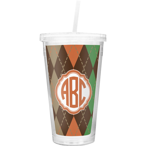 Custom Brown Argyle Double Wall Tumbler with Straw (Personalized)
