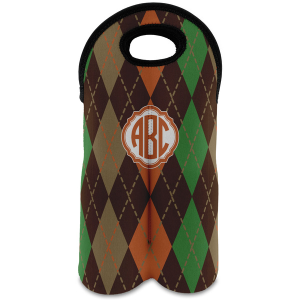 Custom Brown Argyle Wine Tote Bag (2 Bottles) w/ Monogram