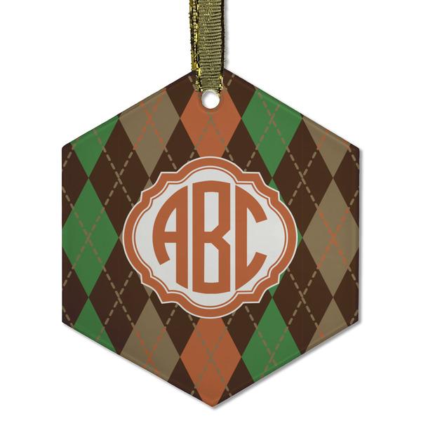 Custom Brown Argyle Flat Glass Ornament - Hexagon w/ Monogram