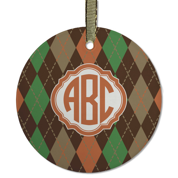 Custom Brown Argyle Flat Glass Ornament - Round w/ Monogram