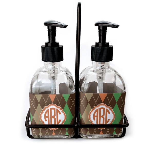 Custom Brown Argyle Glass Soap & Lotion Bottle Set (Personalized)