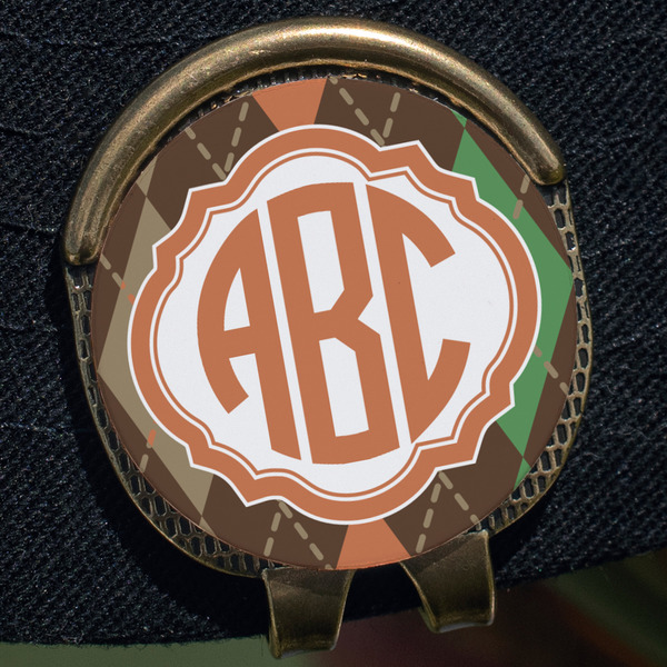 Brown Argyle Golf Ball Marker Hat Clip - Gold - Close Up