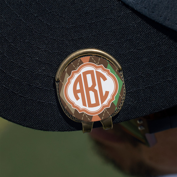Brown Argyle Golf Ball Marker Hat Clip - Gold - On Hat