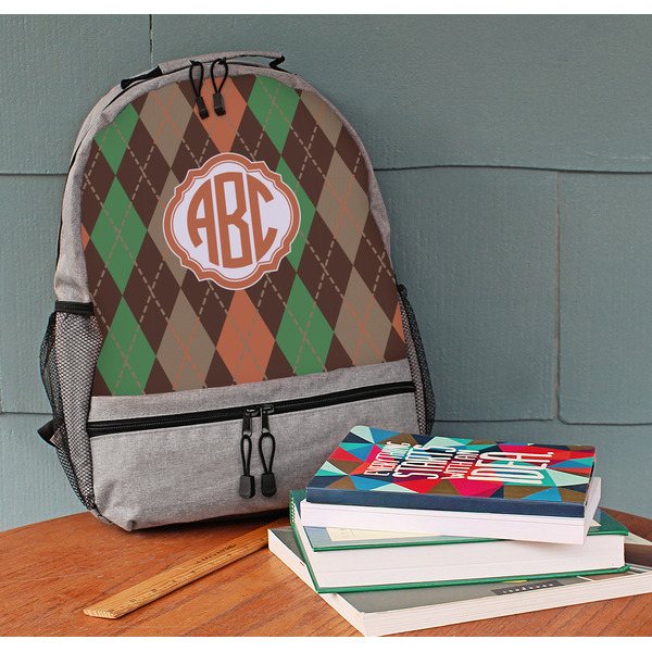 Brown Argyle Large Backpack - Gray - On Desk