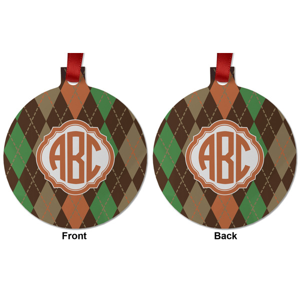 Brown Argyle Metal Ball Ornament - Front and Back