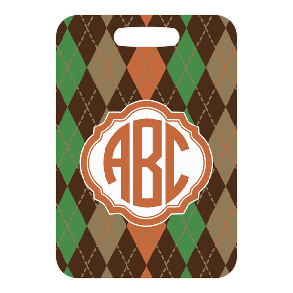 Brown Argyle Metal Luggage Tag - Front Without Strap