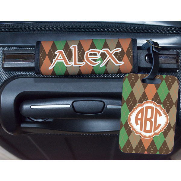 Brown Argyle Metal Luggage Tag & Handle Wrap - In Context