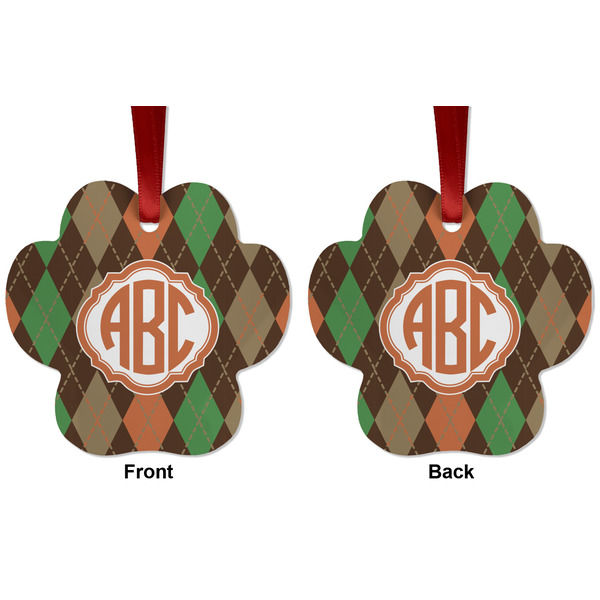 Brown Argyle Metal Paw Ornament - Front and Back