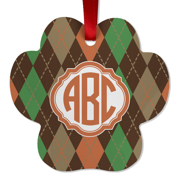 Custom Brown Argyle Metal Paw Ornament - Double Sided w/ Monogram
