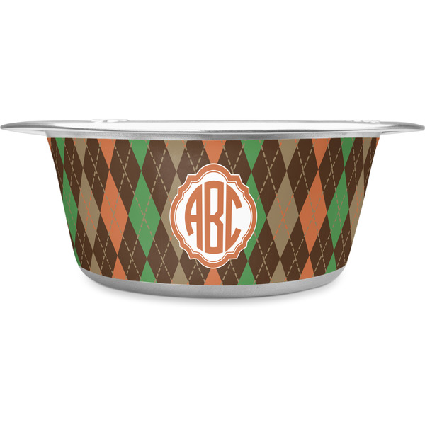 Custom Brown Argyle Stainless Steel Dog Bowl - Medium (Personalized)