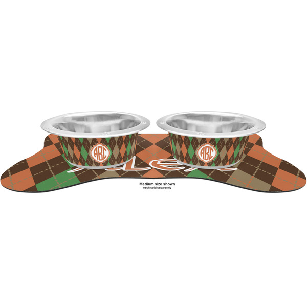 Brown Argyle Metal Pet Bowls - On Dog Bone Shaped Mat