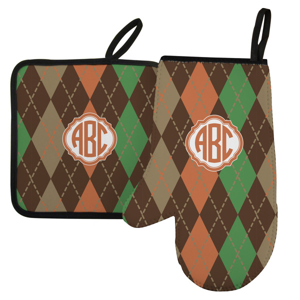 Custom Brown Argyle Left Oven Mitt & Pot Holder Set w/ Monogram