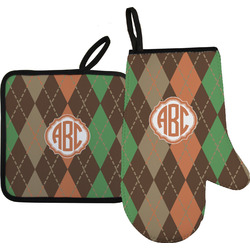 Brown Argyle Oven Mitt & Pot Holder Set w/ Monogram