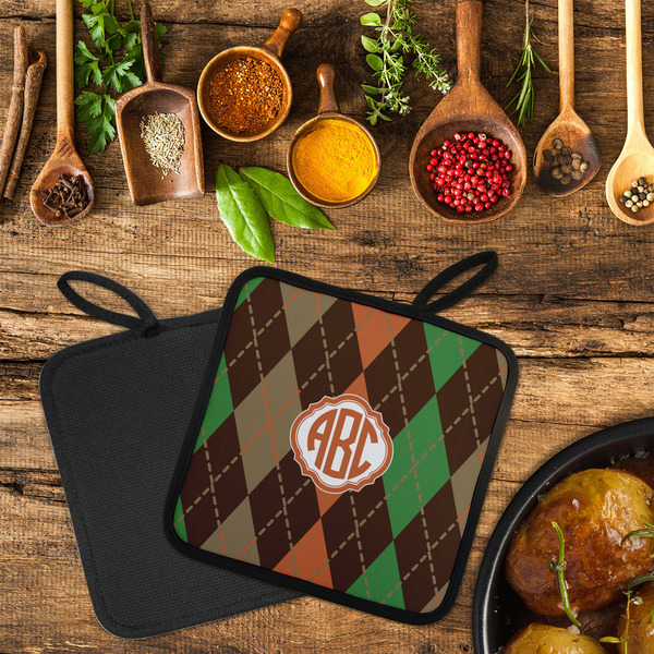 Brown Argyle Neoprene Pot Holder - Set of 2  LIFESTYLE (Flatlay)