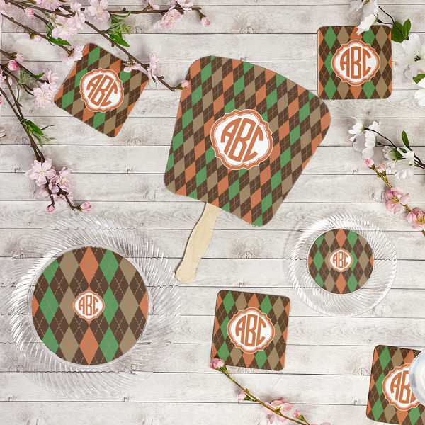 Brown Argyle Party Supplies Combination Image - All items - Plates, Coasters, Fans