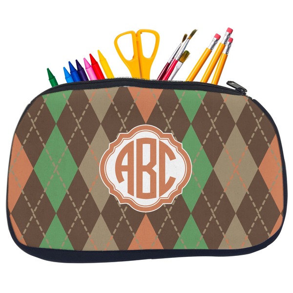 Custom Brown Argyle Neoprene Pencil Case - Medium w/ Monogram