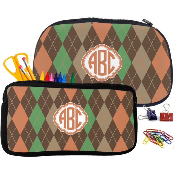 Brown Argyle Pencil / School Supplies Bags Small and Medium