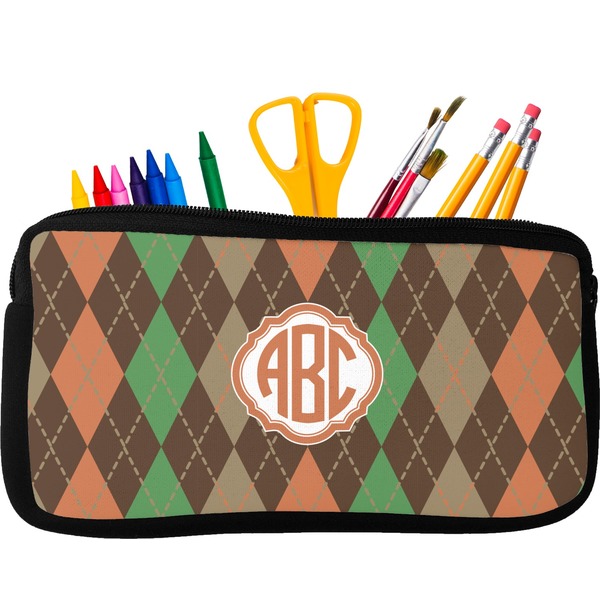 Custom Brown Argyle Neoprene Pencil Case - Small w/ Monogram