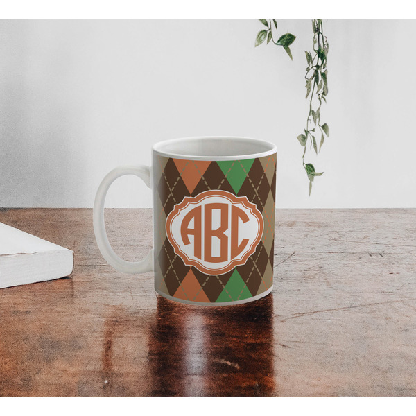Brown Argyle Personalized Coffee Mug - Lifestyle
