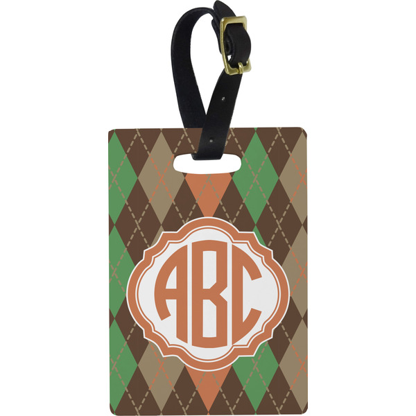 Custom Brown Argyle Plastic Luggage Tag - Rectangular w/ Monogram
