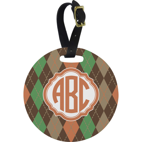 Custom Brown Argyle Plastic Luggage Tag - Round (Personalized)