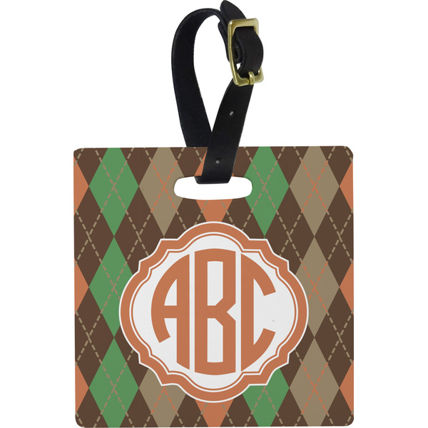 Custom Brown Argyle Plastic Luggage Tag - Square w/ Monogram