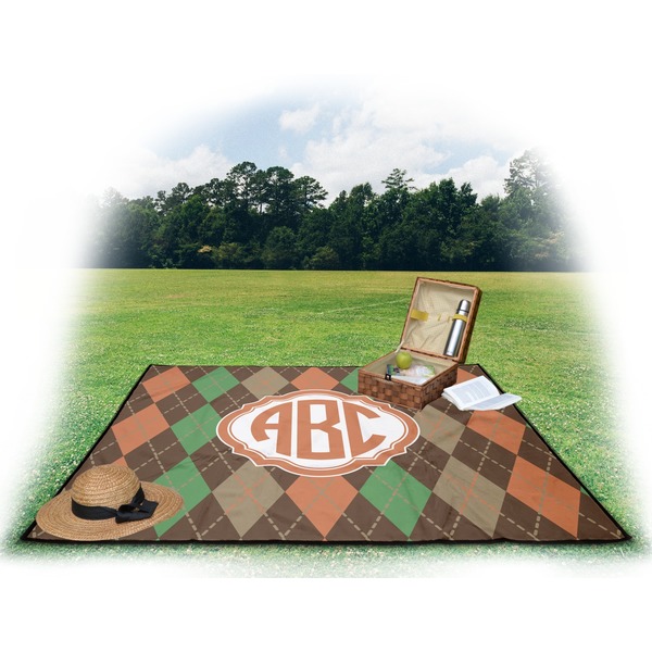 Brown Argyle Picnic Blanket - with Basket Hat and Book - in Use