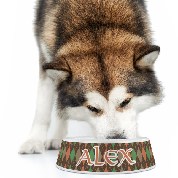Brown Argyle Plastic Pet Bowls - Large - LIFESTYLE