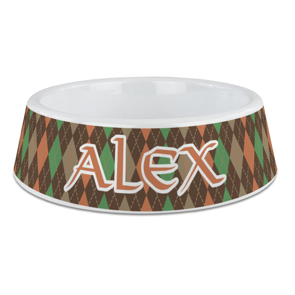 Custom Brown Argyle Plastic Dog Bowl - Large (Personalized)
